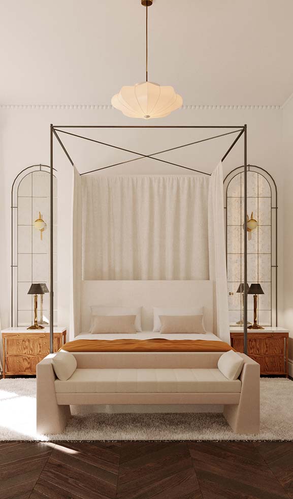 Luxury master bedroom with a canopy bed and white walls.